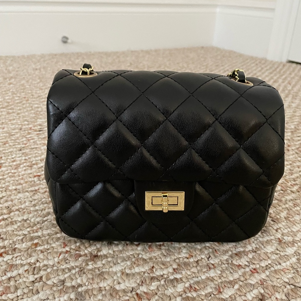 Quilted Black Leather Crossbody Bag with Gold Hardware
